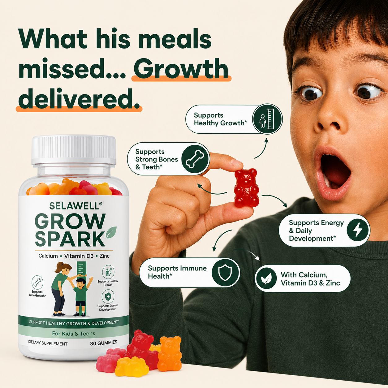 SelaWell Grow Spark Gummies for Kids & Teens